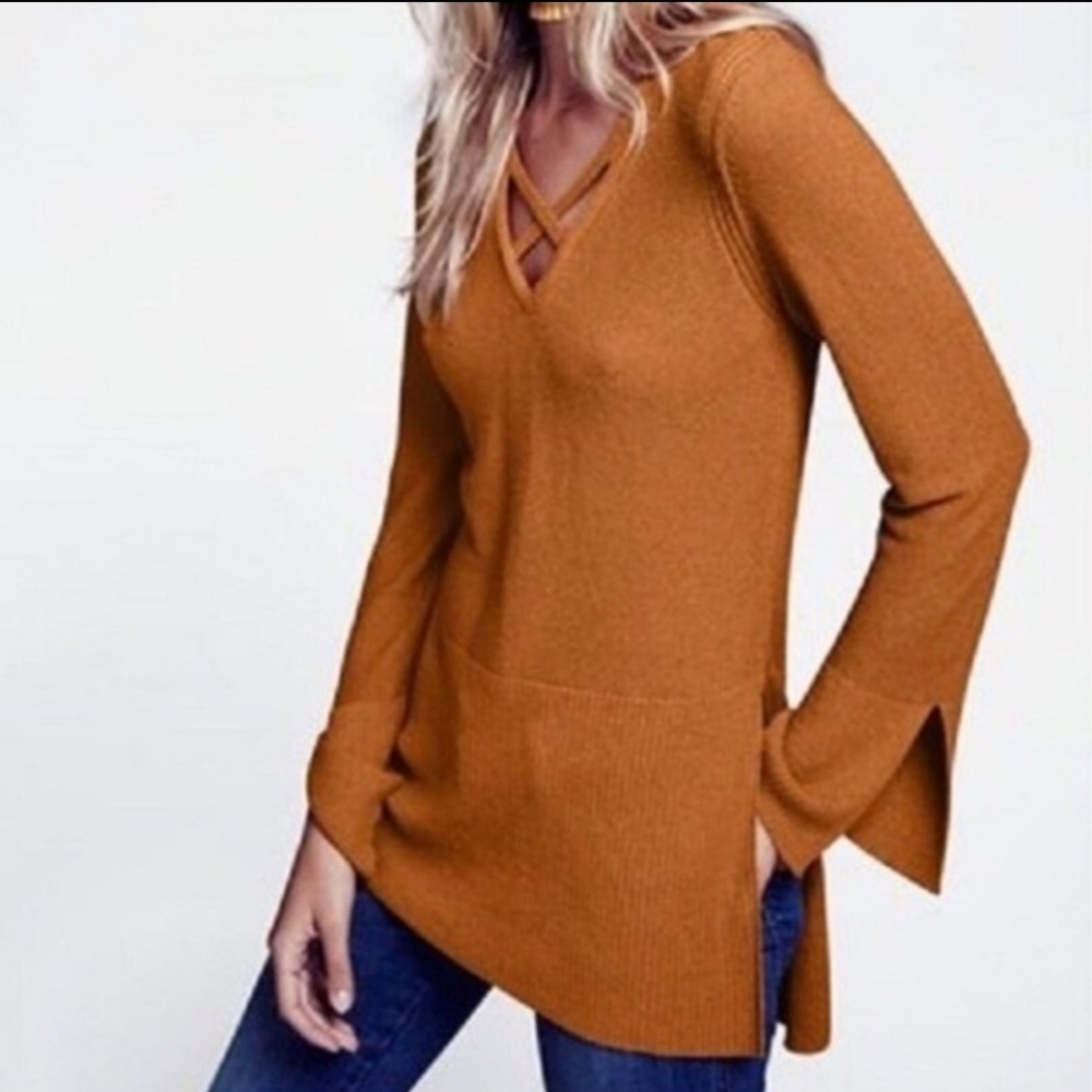 Free People V-Neck Crisscross Tunic Top Bell Sleeves & Side Splits Size Small